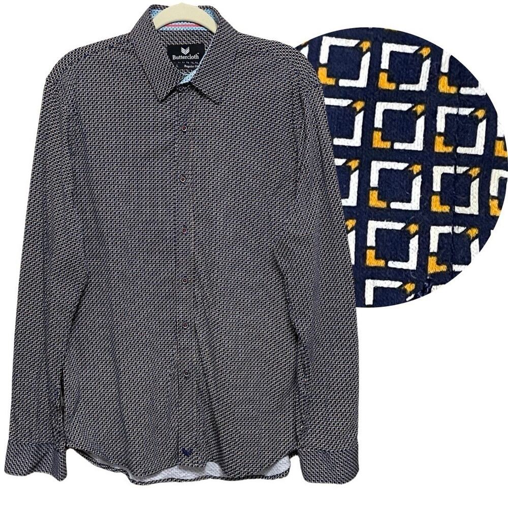 Buttercloth REGULAR FIT Long Sleeve Button Up Shirt Size L Blue Geometric Print